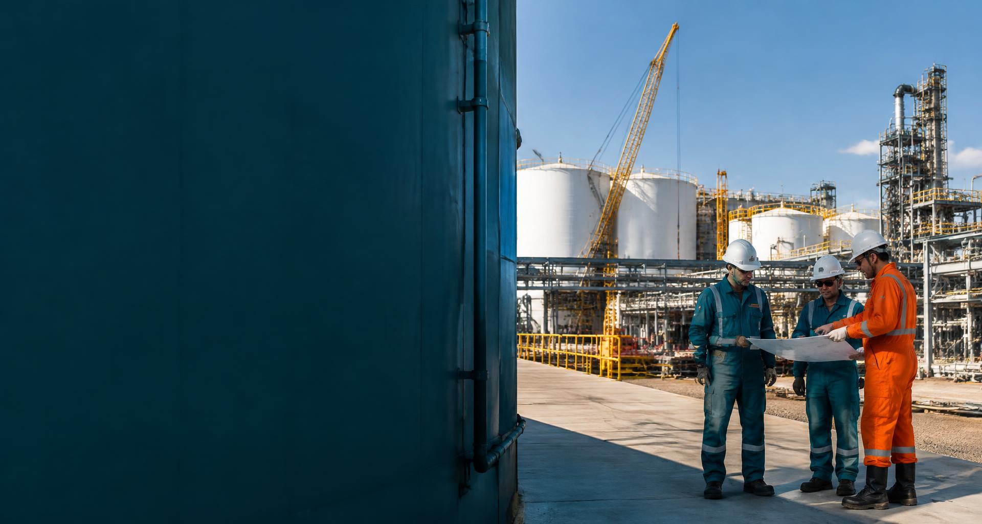 Equipe analisando um projeto em uma instalação industrial